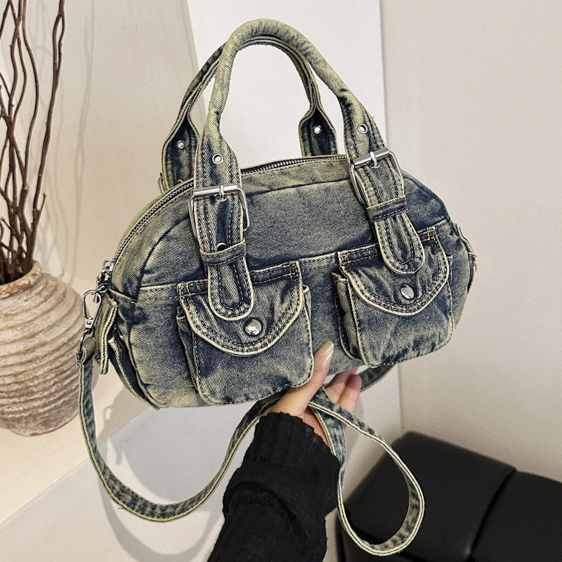 牛仔布包包女 秋冬百搭2025新休闲褶皱斜挎包手提波士顿保龄球包N,淘宝优惠券,粉丝福利购,淘宝优惠卷