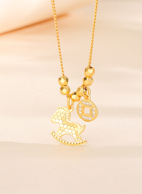 s925纯银马上有钱项链女CNC工艺爆闪碎冰冰摇摇小木马锁骨链马年