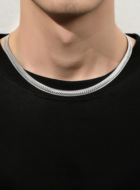 闽粤新款S925纯银叠圆刀片素链项链男时尚潮流百搭气质扁平锁骨