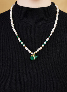 国潮天然淡水珍珠绿玉髓葫芦项链女S925纯银高级感节国风珍珠项链