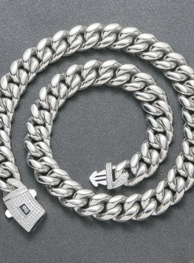 欧美6mm-14mm不锈钢项链加密14K金古巴链镶锆石钛钢链一件代现货