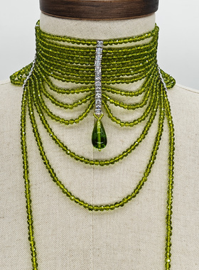 海盗爷秀场同款水晶多层流苏长项链 多色切面水晶链重工洛丽塔