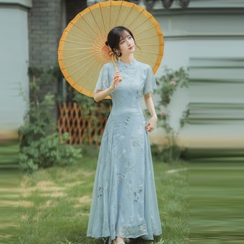 Summer ແມ່ຍິງຈີນໃຫມ່ embroidered backless ການອອກແບບ cheongsam dress elegant ແອວສູງພິມ commuter ພັກຍາວ dress