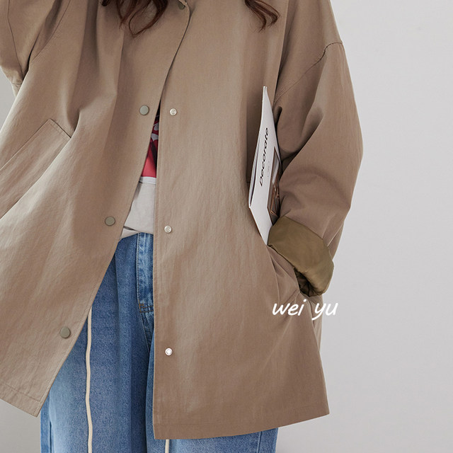 Weiyu plus size women's Japanese style workwear style stand collar pocket windbreaker jacket for small women lazy style loose jacket