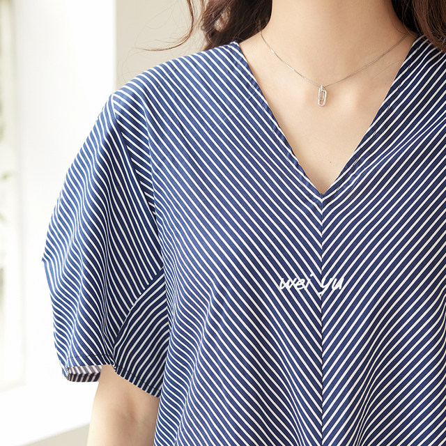 Weiyu plus size women's French striped V-neck dress women's spring and summer 2025 new style lazy style loose long skirt