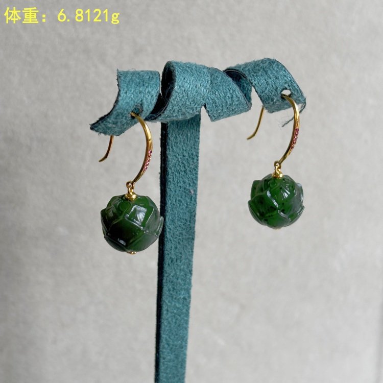 N设计款~18K金镶碧玉籽料耳饰/耳环/耳钩 朕®开仓新疆和田玉,淘宝优惠券,粉丝福利购,淘宝优惠卷
