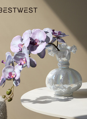 博西家居 珠光白芬顿法式荷边玻璃花瓶摆件高级家居客厅轻奢花器