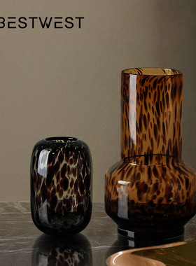 博西家居 中古风玳瑁纹斑点玻璃花瓶摆件 家居水培花器软装饰品