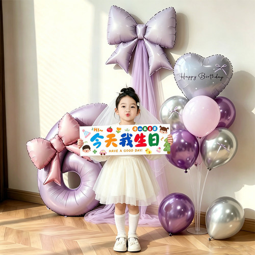 女孩生日氛围布置气球超大粉气球网纱蝴蝶结2345岁仪式感拍照道具 - 图1