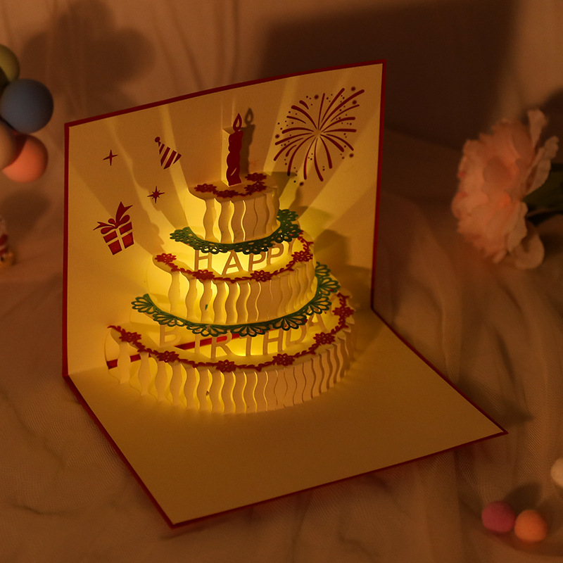 包邮卡小姐音乐灯光立体蛋糕生日贺卡祝福手写送好友心意礼物卡片 - 图0