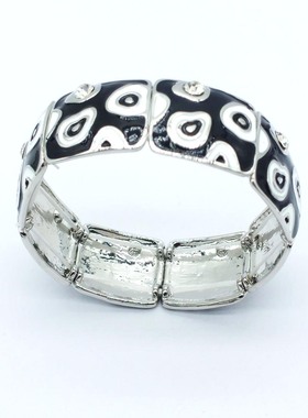 欧美时尚复古珐琅彩黑白手镯女士夸张中古滴油弹力手链