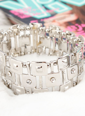 欧美外贸时尚饰品复古银色手镯女士夸张镂空珠子弹力手链