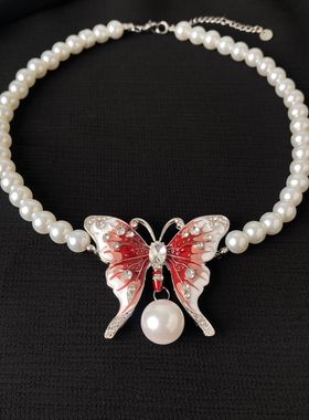 小香风蝴蝶珍珠拼接项链女新款轻奢小众设计简约百搭高级感锁骨链