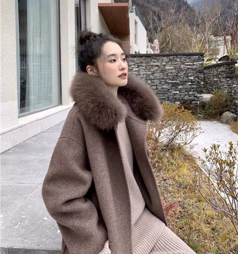 Демисезонное двусторонное кашемировое длинное шерстяное шерстяное пальто с капюшоном, средней длины