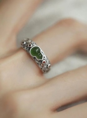 通体s925纯银碧玉祥云葫芦戒指女小众复古国风宫廷开口镶嵌新