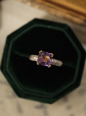 IG Jewelry大颗切面方糖天然紫水晶戒指s925金银分色工艺活口戒圈