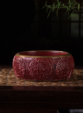 精美漆器收藏品 福寿纹正红漆器大宽面手镯手环精美工艺手饰收藏