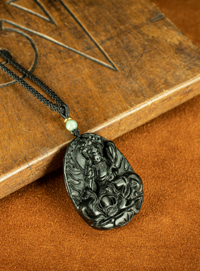 【秒杀】禅意文玩天然墨玉透光极绿美 精雕普贤菩萨吊坠项链包邮