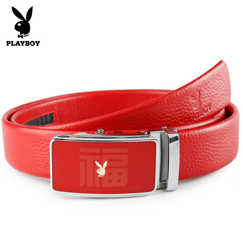 花花公子皮带男士真皮红色腰带马年本命年裤带男款送父亲新年礼物