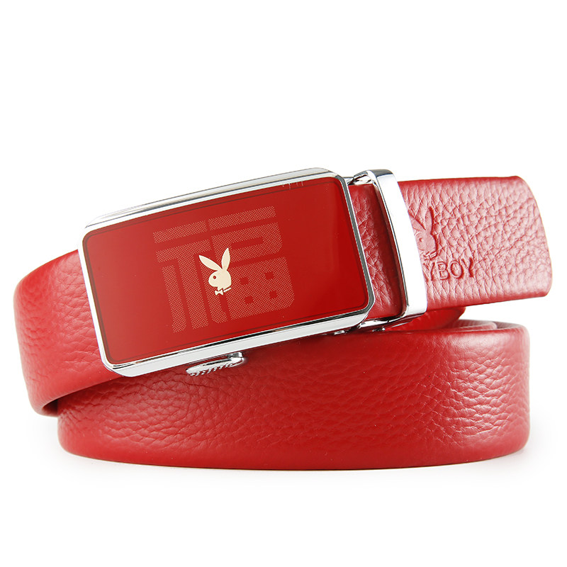 花花公子皮带男士真皮红色腰带马年本命年裤带男款送父亲新年礼物