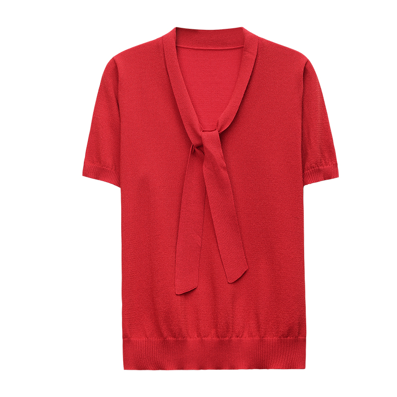 短袖t恤女2024新款红色蝴蝶结毛衣女夏季上衣大码冰丝针织衫洋气