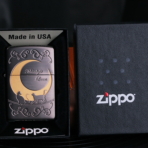 日本正品正版芝宝/ZIPPO 煤油打火机 亮漆新月猫伴侣剪影黑色