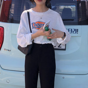 羽迹EAL简约圆领字母印花长袖T恤女2020春季韩版休闲个性上衣GR23