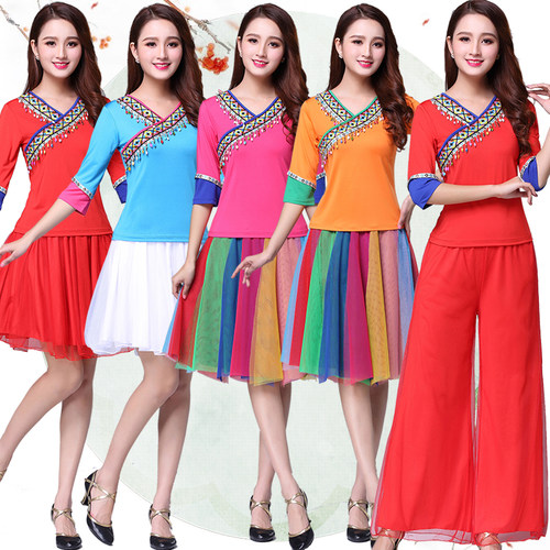 春夏新款广场舞蹈服装女牛奶丝织带花边民族风跳舞服表演出练功衣 - 图1