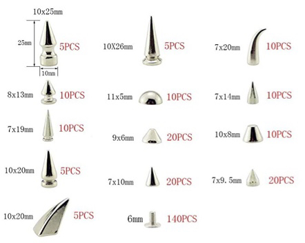 DIY铆钉衣服鞋包配件 银色子弹头尖钉混搭组合装朋克铆钉140套