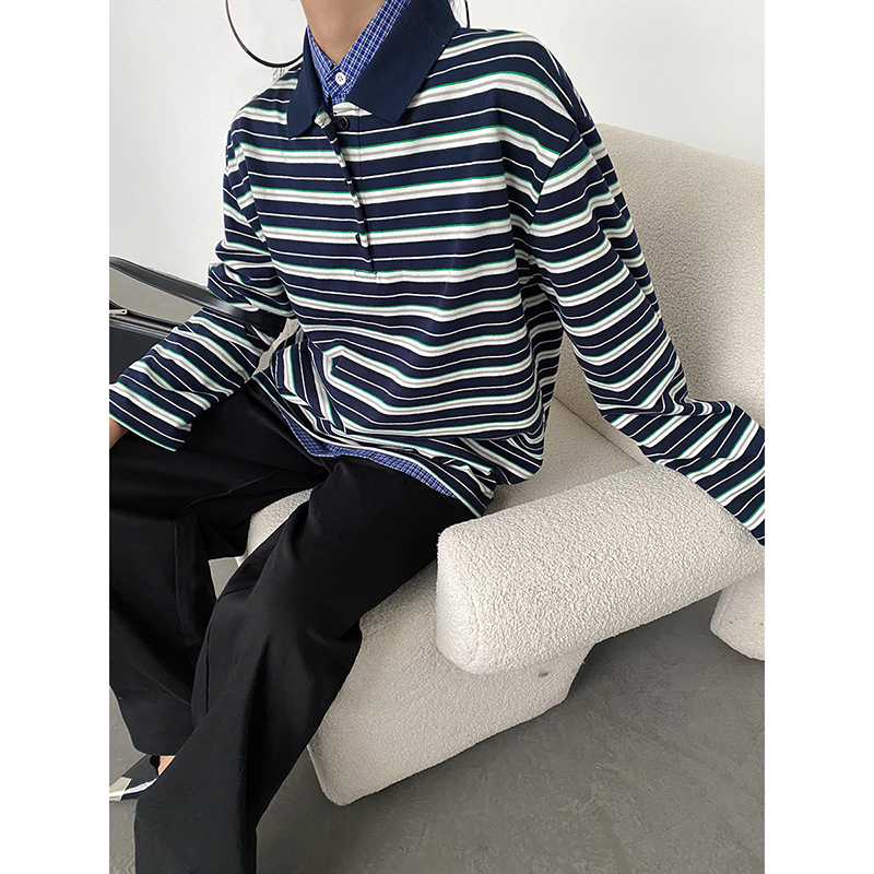 AcupStudio江右上 藏青条纹polo衫女秋季美式复古宽松休闲上衣 - 图1