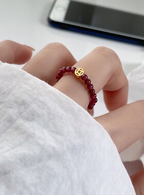 碧玺串珠松紧可调节戒指女小众高级感铜钱碎银子小珠子食指戒指环