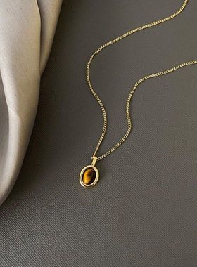 天然虎眼石锁骨链女轻奢小众叠戴项链合金古风2024新款爆款吊坠