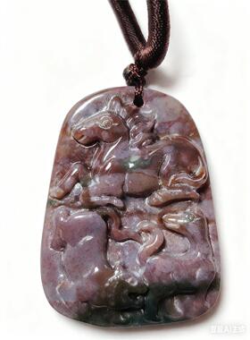 26年天然七彩玛瑙玉生肖马虎狗三合牌吊坠本命年太岁吉祥物项链I