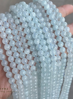 天然2A冰种海蓝宝圆珠 6-12mm浅色冰蓝散珠diy手链项链串珠配件