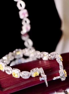 新款925纯银精镶嵌粉色锆石手链