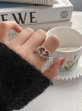 潮酷暗黑朋克哥特爱心十字架可调节开口指环戒指女小众食指戒