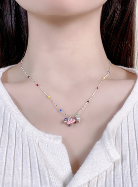 彩色滴油可爱腊肠狗吊坠项链女轻奢小众感锁骨链甜美颈链配饰