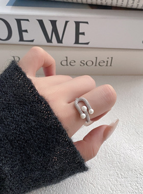 天然珍珠微镶锆石马蹄扣可调节开口指环戒指女小众轻奢食指戒