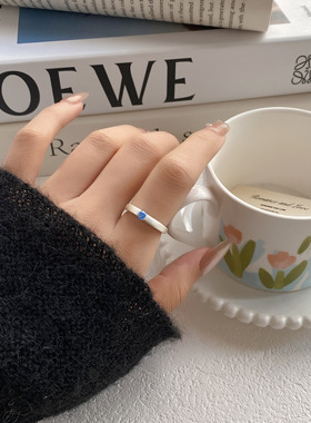 简约厚银拉丝海蓝色锆石可调节开口指环戒指女小众轻奢食指戒