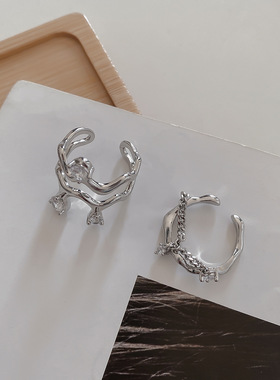 韩版波浪锆石双层镶嵌戒指女新款小众设计不规则质感开口可调指环