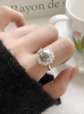 感轻奢灰色珍珠指环女气质时尚太阳花锆石开口可调节戒指手饰