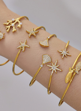 谜丽 海洋风锆石细圈开口手镯组合镀18k金时尚轻奢手环跨境新款