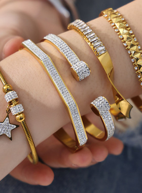 谜丽 华丽满钻几何开口手镯组合镀18k真金时尚轻奢气质不锈钢镯子