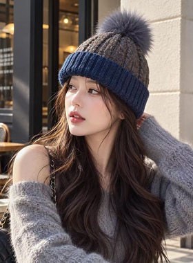 加厚保暖毛球帽女款秋冬针织帽子