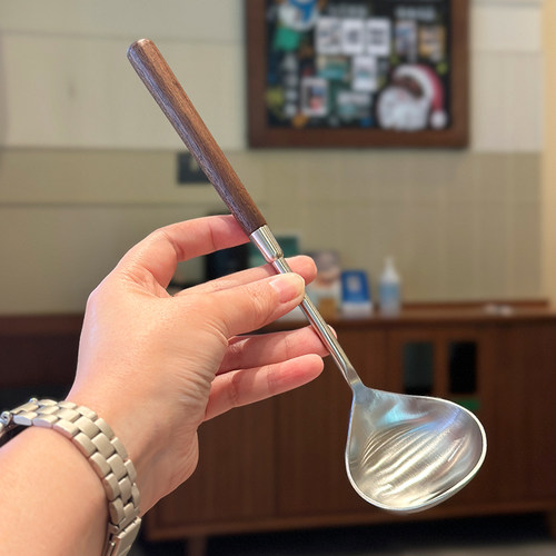 胡桃木小汤勺！304不锈钢分餐勺复古餐厅小火锅公用勺粥勺菜勺子 - 图0