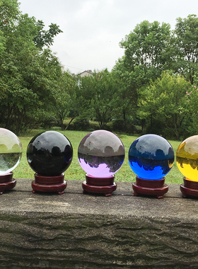 透明大玻璃球底座纯黄紫粉蓝绿白色黑曜石鸿运当头心经水晶球摆件