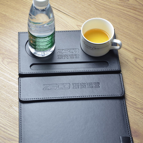 会议垫板夹定制logo皮革a4文件夹写字板磁吸商用杯托办公室黑皮质 - 图2