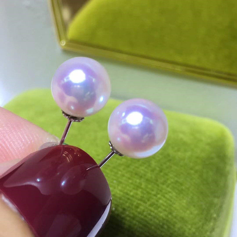 日本akoya海水珍珠耳钉女18k黄金简约正圆樱花粉极光天女耳环耳饰_虎窝淘