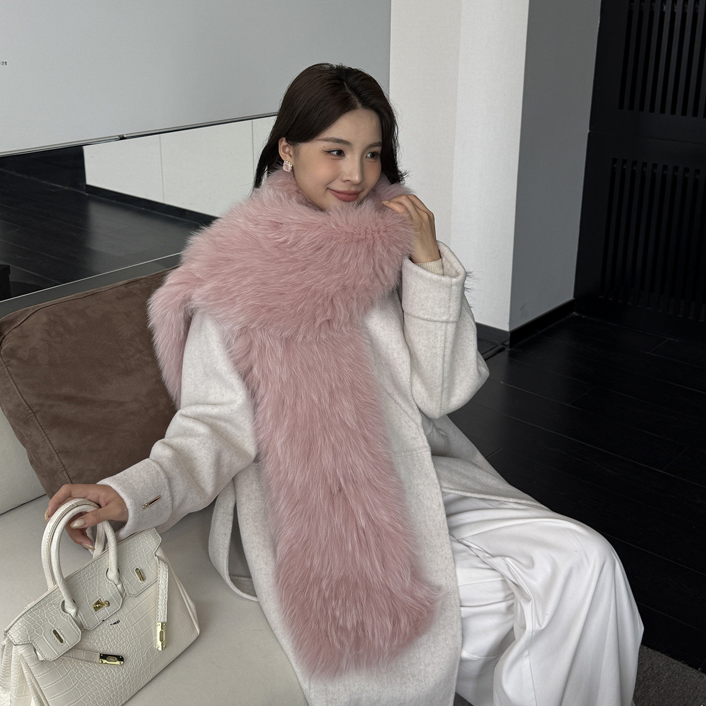 魅狐粉嘟嘟色秋冬礼服皮草配饰保暖编织全狐狸毛双面大围巾长款,淘宝优惠券,粉丝福利购,淘宝优惠卷