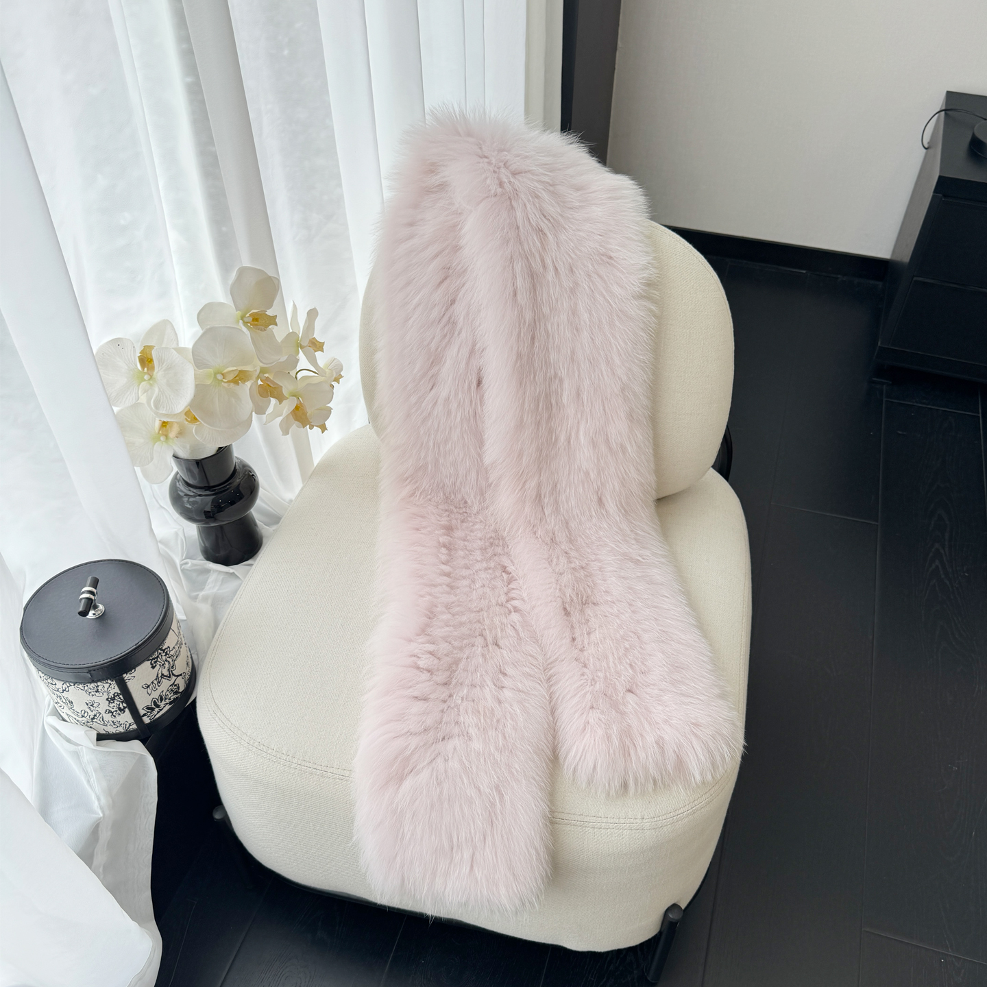 秋冬高质品牌走秀新多巴胺马卡龙色少女系真皮草蓝色狐狸毛长围巾 - 图1